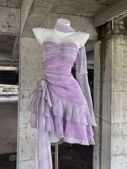Elegant Spaghetti Straps Ruffles Lilac Cocktail Dress Homecoming Dress cc1751