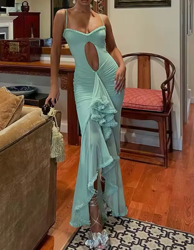 Chic Spaghetti Straps Tulle Chiffon Evening Dress Sexy Pleated Party Dress cc1650