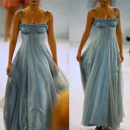 Vintage Blue Tulle A Line Party Gown,Spaghetti Straps Prom Evening Dress cc2660