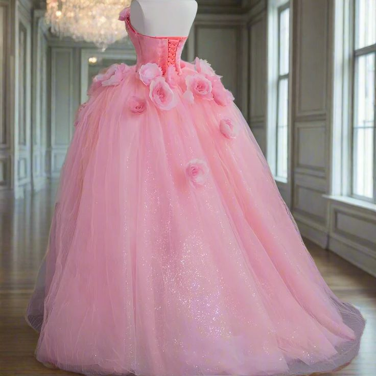 Pink Princess Ball Gown  Sweet 16 Dress Fairy 3D Flowers Tulle Prom Dress Quinceanera Dress cc1637