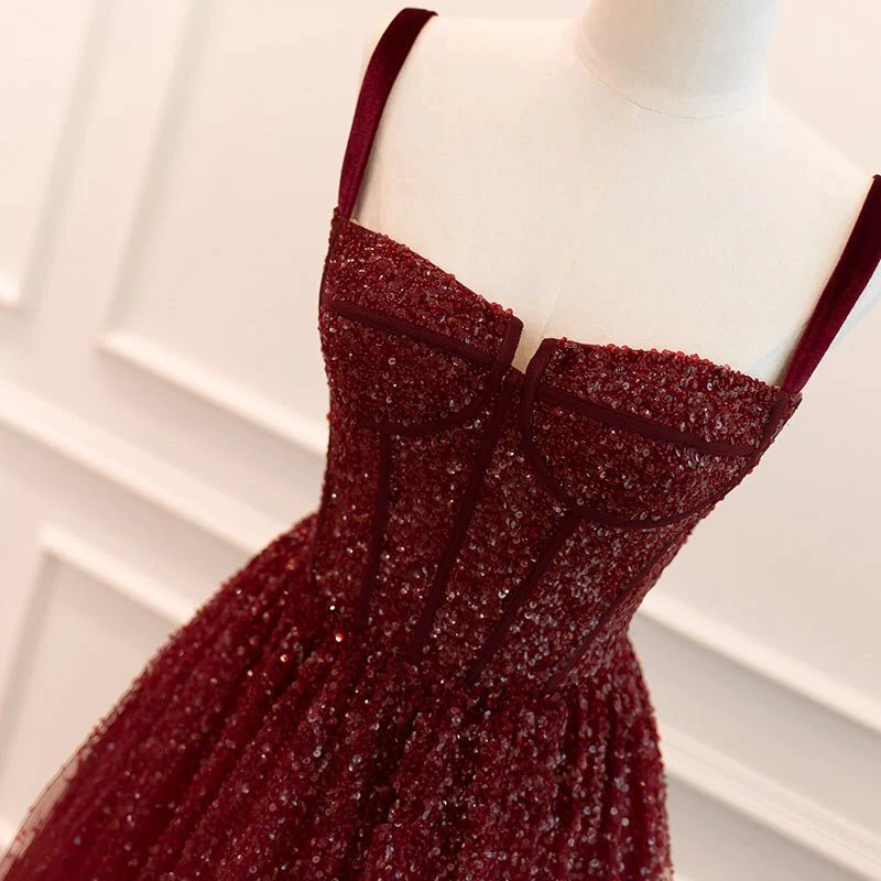 Burgundy Tulle Sequins A Line Ball Gown Glitter Party Evening Dress cc1574