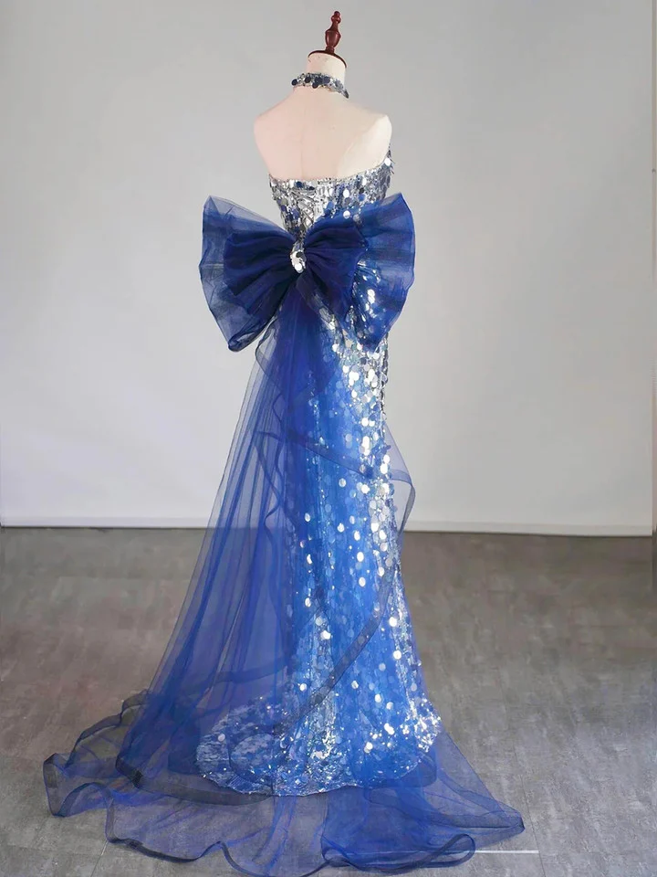 Glitter Silver Sequins Long Evening Dress Mermaid Prom Dress With Bow cc2063