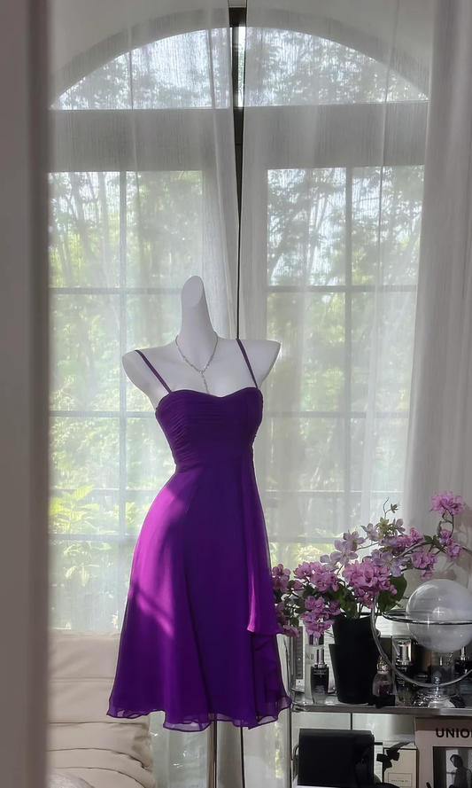 Beautiful Purple Spaghetti Straps Chiffon A Line Homecoming Dress Short Prom Dress cc3455