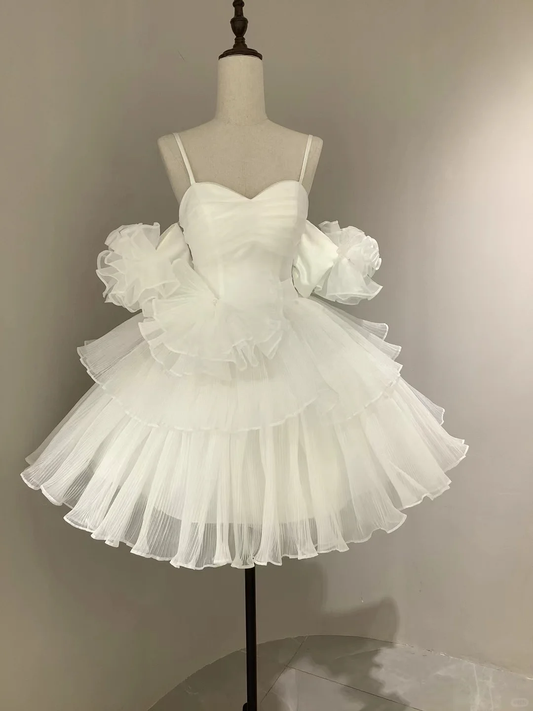 Classy Spaghetti Straps A Line Homecoming Dress White Short Wedding Dress Party Dress cc3092