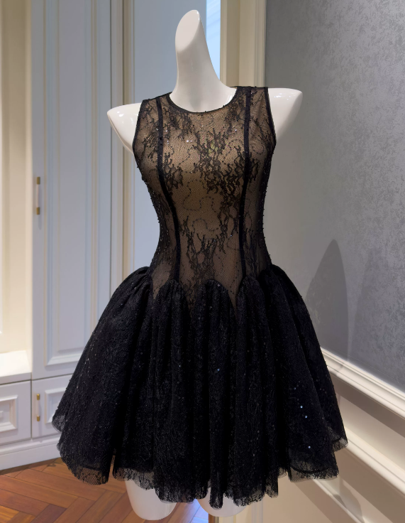 Stunning Homecoming Dress Black Crew Neck Lace Birthday Party Dress Cocktail Dress cc5660