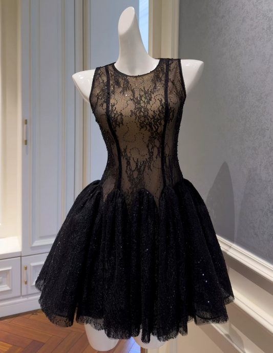 Stunning Homecoming Dress Black Crew Neck Lace Birthday Party Dress Cocktail Dress cc5660