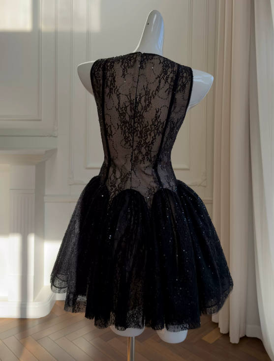 Stunning Homecoming Dress Black Crew Neck Lace Birthday Party Dress Cocktail Dress cc5660