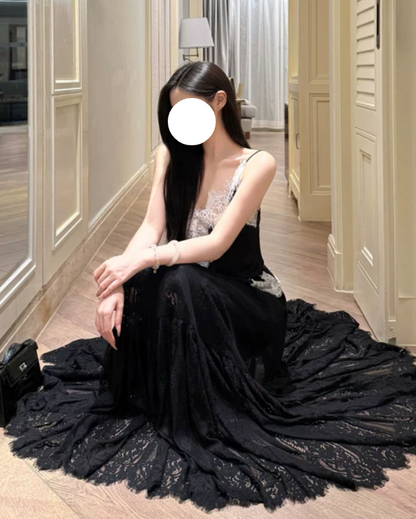 Stunning Prom Dress Black Spaghetti Straps Lace Gala Dress Evening Dress cc5664
