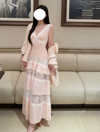 Elegant Prom Dress Light Pink V-neck Lace Gala Dress Evening Dress cc5665