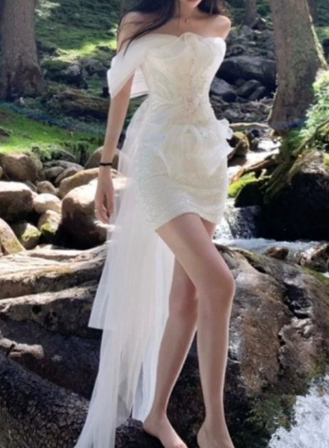 Stunning Homecoming Dress White Off Shoulder Tulle Floral Birthday Party Dress Cocktail Dress cc5668