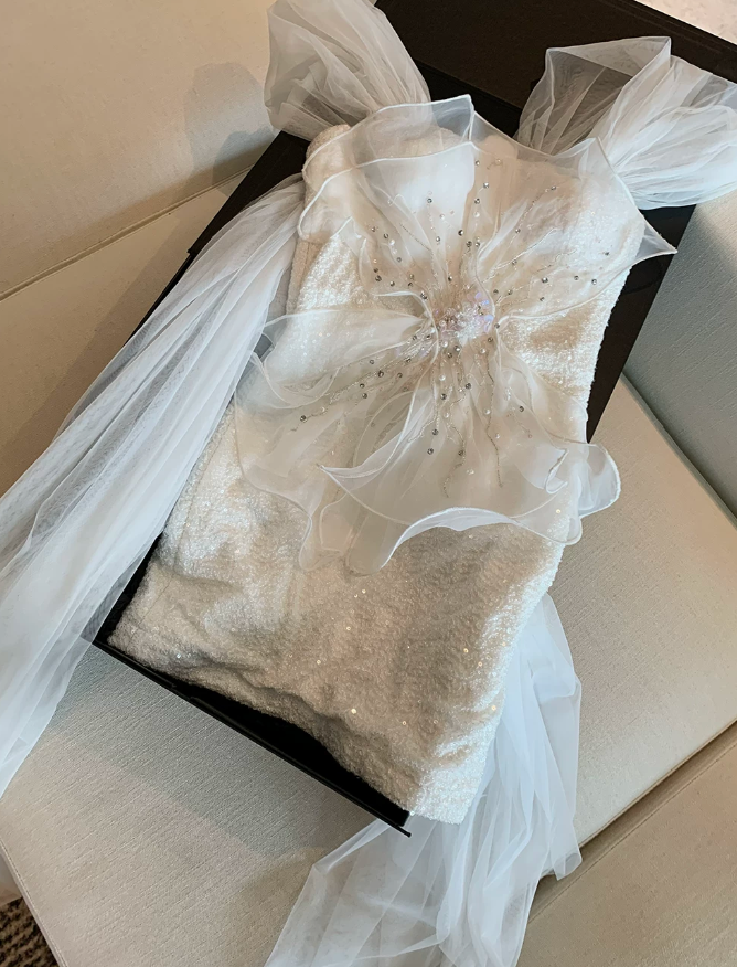 Stunning Homecoming Dress White Off Shoulder Tulle Floral Birthday Party Dress Cocktail Dress cc5668