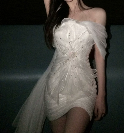 Stunning Homecoming Dress White Off Shoulder Tulle Floral Birthday Party Dress Cocktail Dress cc5668
