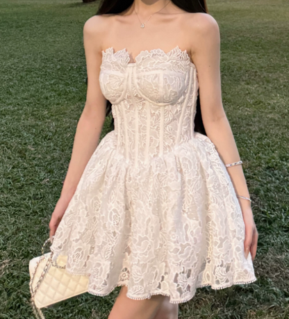 Elegant Homecoming Dress White A Line Strapless Birthday Party Dress Cocktail Dress cc5669