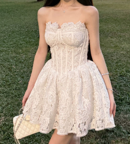 Elegant Homecoming Dress White A Line Strapless Birthday Party Dress Cocktail Dress cc5669