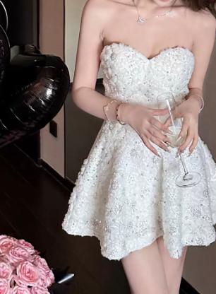 Charming Homecoming Dress A Line White Sweetheart Flower Birthday Party Dress Cocktail Dress cc5674