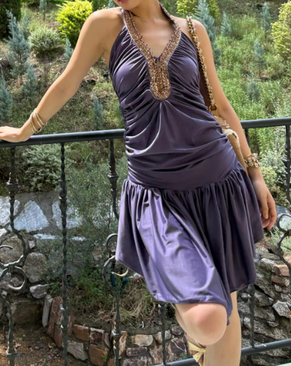 Stunning Homecoming Dress Halter Purple Pleated Birthday Party Dress Cocktail Dress cc5676