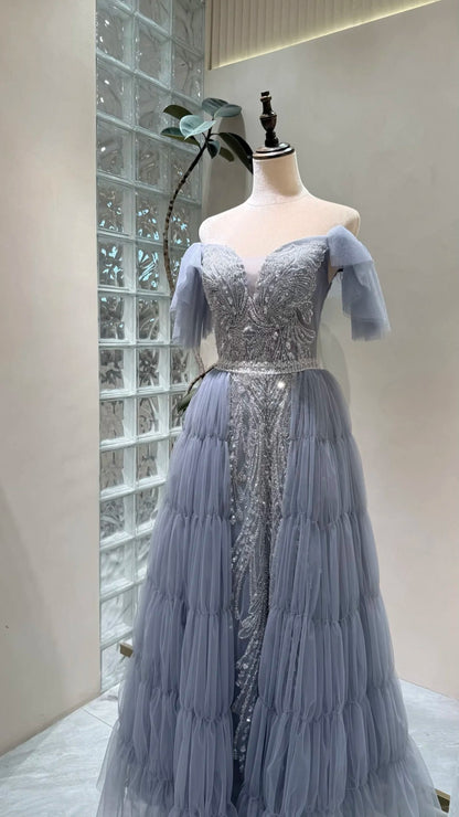 Charming Prom Dress Off Shoulder Pleated Tulle Evening Dress Gala Dress cc5699