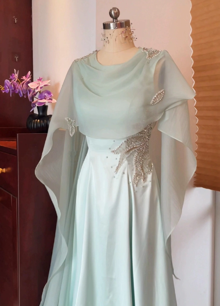Elegant Prom Dress Light Green A Line Crew Neck Evening Dress Gala Dress cc5707