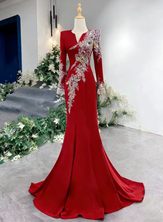 Gorgeous Prom Dress Red V-neck Mermaid Evening Dress Gala Dress cc5708
