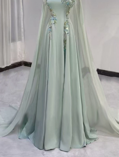 Gorgeous Prom Dress Light Green A Line High Collar Tulle Pleated Evening Dress Gala Dress cc5709