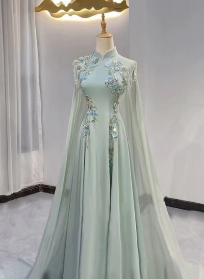 Gorgeous Prom Dress Light Green A Line High Collar Tulle Pleated Evening Dress Gala Dress cc5709
