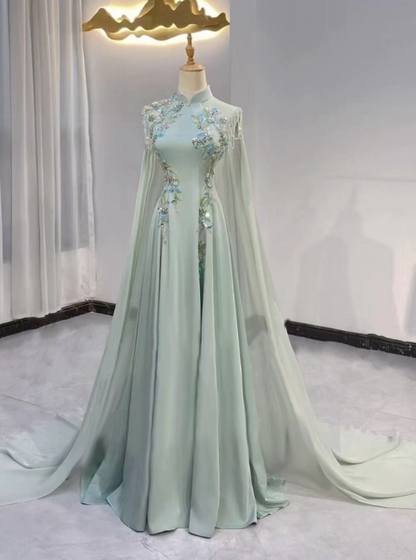 Gorgeous Prom Dress Light Green A Line High Collar Tulle Pleated Evening Dress Gala Dress cc5709