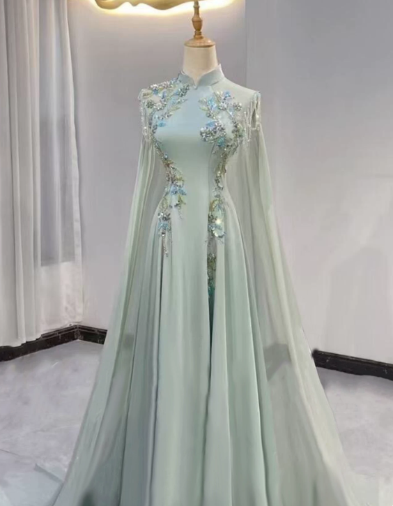 Gorgeous Prom Dress Light Green A Line High Collar Tulle Pleated Evening Dress Gala Dress cc5709