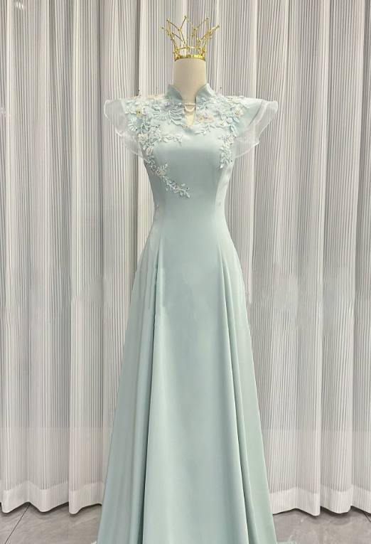 Elegant Prom Dress Light Green A Line High Collar Evening Dress Gala Dress cc5711