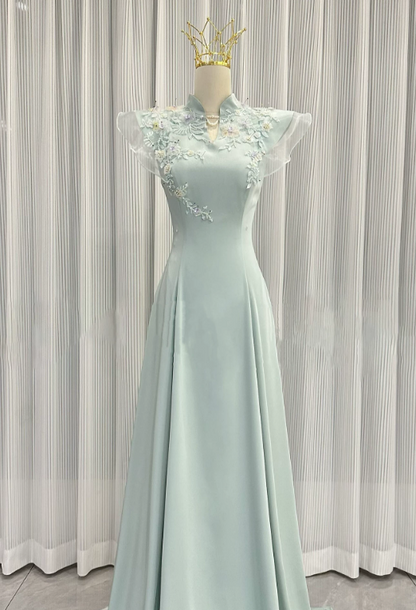Elegant Prom Dress Light Green A Line High Collar Evening Dress Gala Dress cc5711