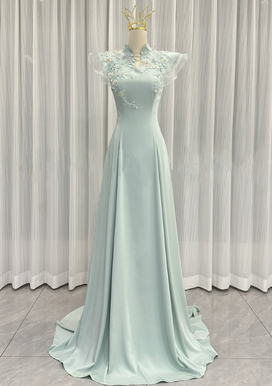 Elegant Prom Dress Light Green A Line High Collar Evening Dress Gala Dress cc5711