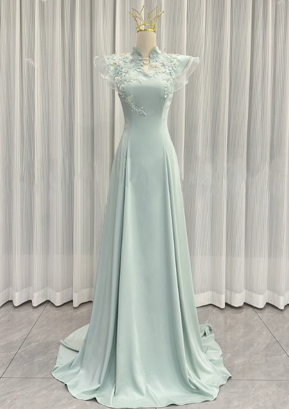 Elegant Prom Dress Light Green A Line High Collar Evening Dress Gala Dress cc5711