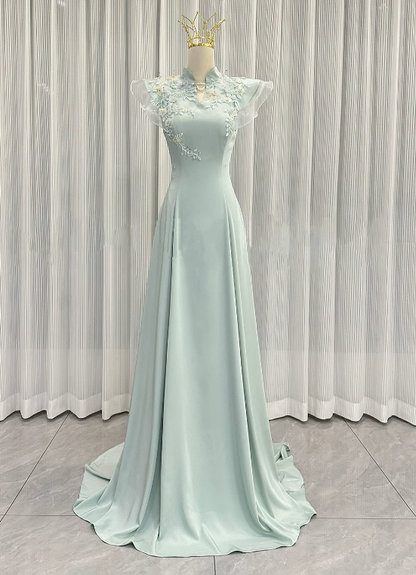 Elegant Prom Dress Light Green A Line High Collar Evening Dress Gala Dress cc5711