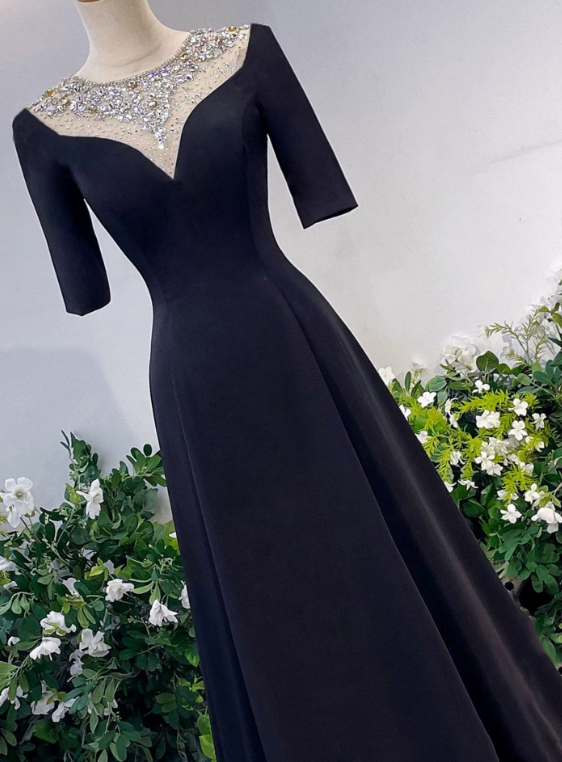 Minimalist Prom Dress Black A Line Crew Neck Evening Dress Gala Dress cc5712