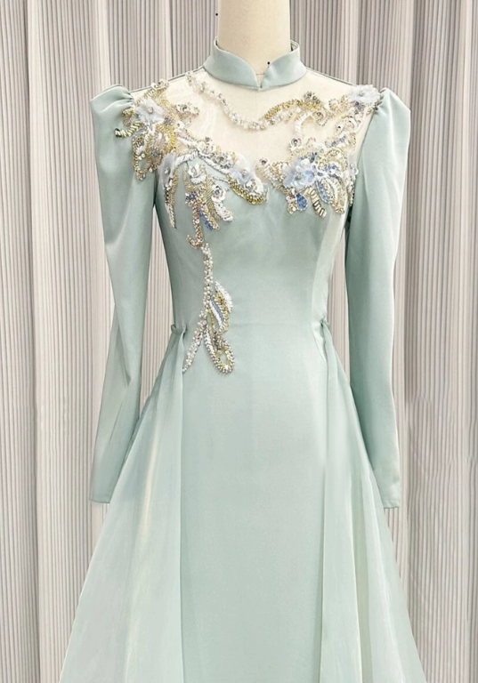Elegant Prom Dress Light Green A Line High Collar Evening Dress Formal Dress cc5713