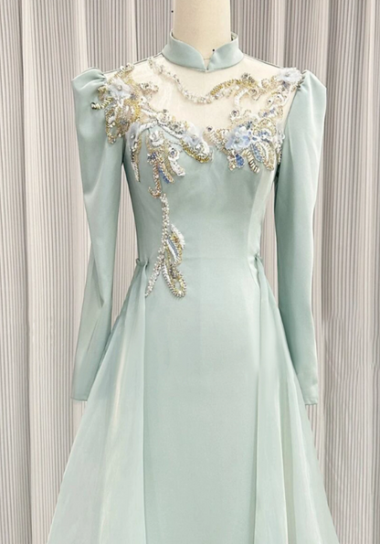 Elegant Prom Dress Light Green A Line High Collar Evening Dress Formal Dress cc5713