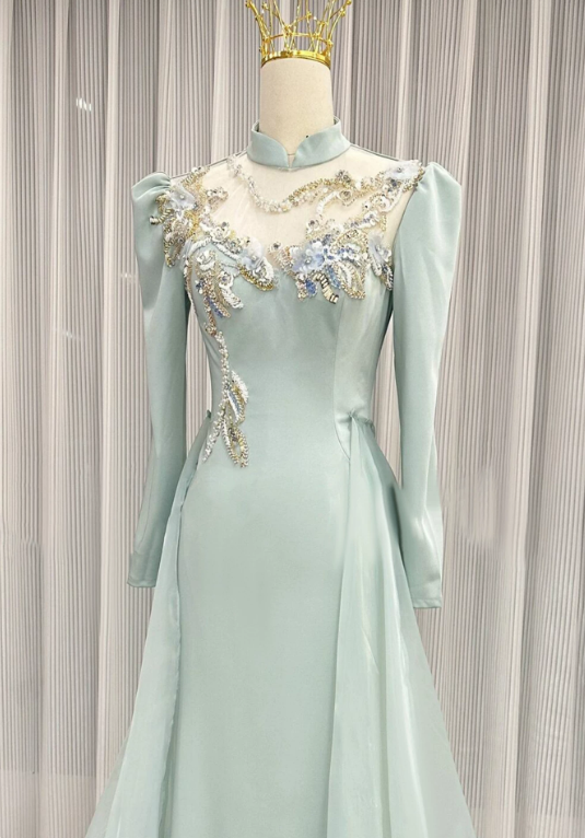Elegant Prom Dress Light Green A Line High Collar Evening Dress Formal Dress cc5713