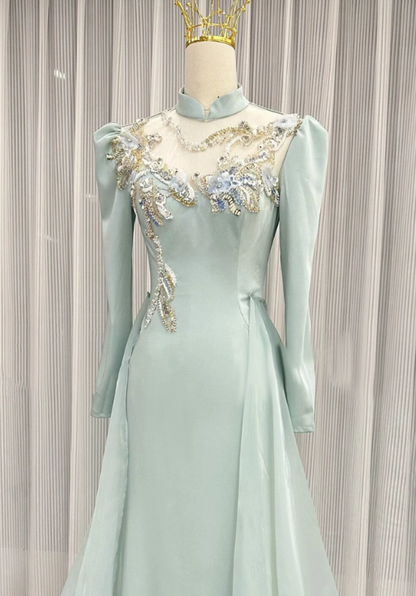 Elegant Prom Dress Light Green A Line High Collar Evening Dress Formal Dress cc5713