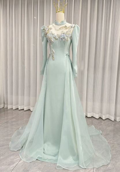 Elegant Prom Dress Light Green A Line High Collar Evening Dress Formal Dress cc5713