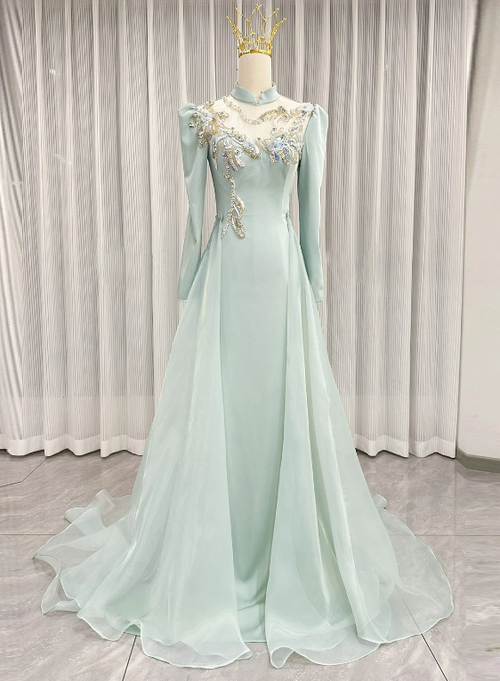 Elegant Prom Dress Light Green A Line High Collar Evening Dress Formal Dress cc5713