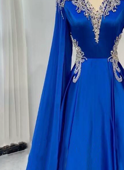 Stunning Prom Dress Blue A Line V-neck Pleated Evening Dress Formal Dress cc5714