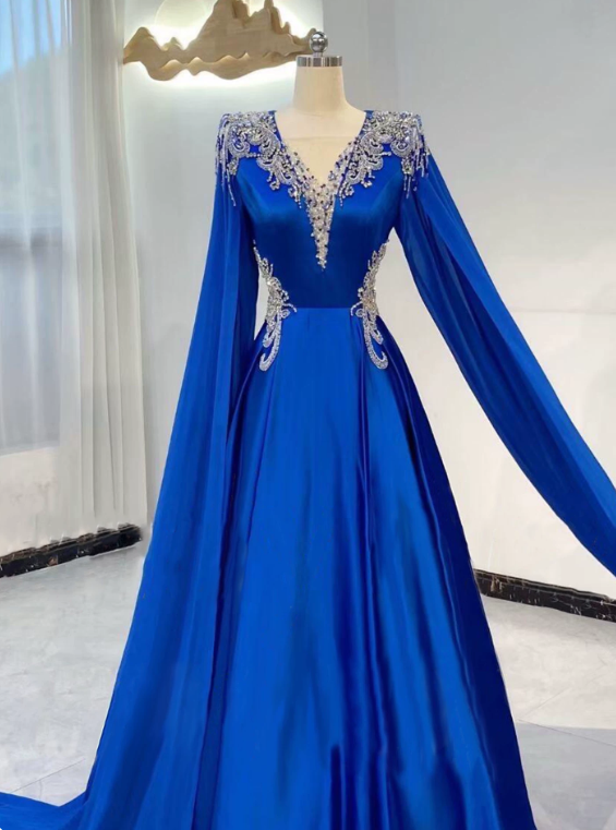 Stunning Prom Dress Blue A Line V-neck Pleated Evening Dress Formal Dress cc5714