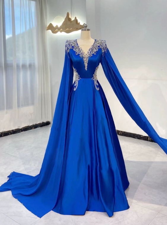 Stunning Prom Dress Blue A Line V-neck Pleated Evening Dress Formal Dress cc5714