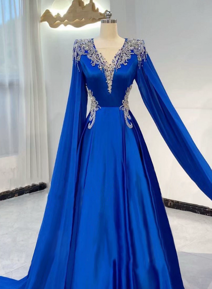 Stunning Prom Dress Blue A Line V-neck Pleated Evening Dress Formal Dress cc5714