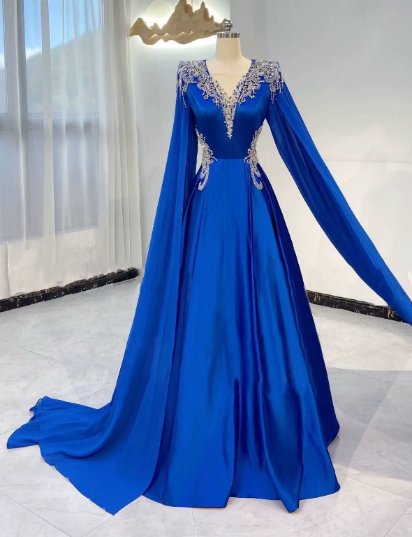 Stunning Prom Dress Blue A Line V-neck Pleated Evening Dress Formal Dress cc5714