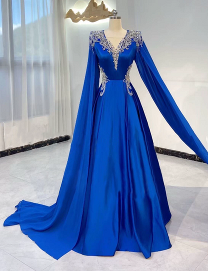 Stunning Prom Dress Blue A Line V-neck Pleated Evening Dress Formal Dress cc5714