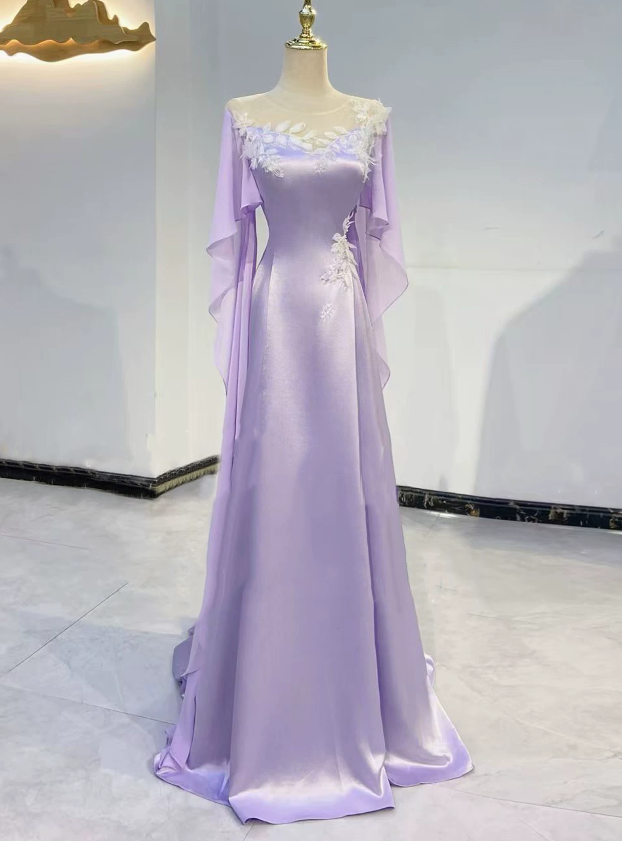 Stunning Prom Dress Lilac A Line Crew Neck Satin Evening Dress Formal Dress cc5715