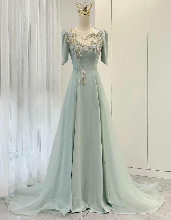 Beauty Prom Dress A Line Light Green Crew Neck Evening Dress Formal Dress cc5717