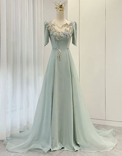 Beauty Prom Dress A Line Light Green Crew Neck Evening Dress Formal Dress cc5717