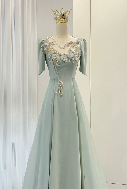 Beauty Prom Dress A Line Light Green Crew Neck Evening Dress Formal Dress cc5717
