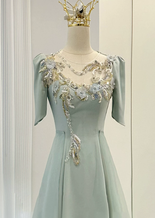 Beauty Prom Dress A Line Light Green Crew Neck Evening Dress Formal Dress cc5717